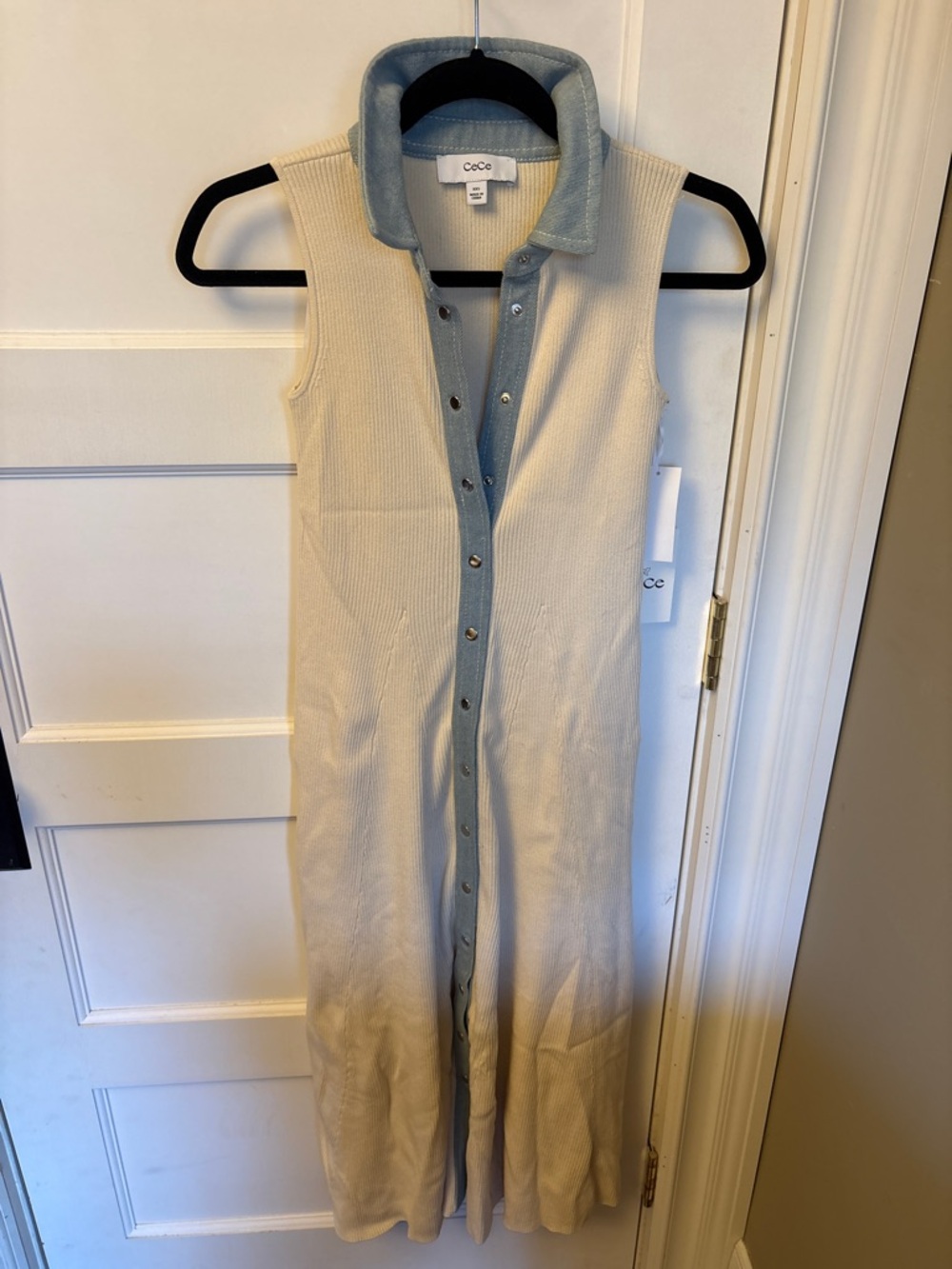 CeCe Sleeveless Button-Front Cream knit ribbed Dress with denim Trim